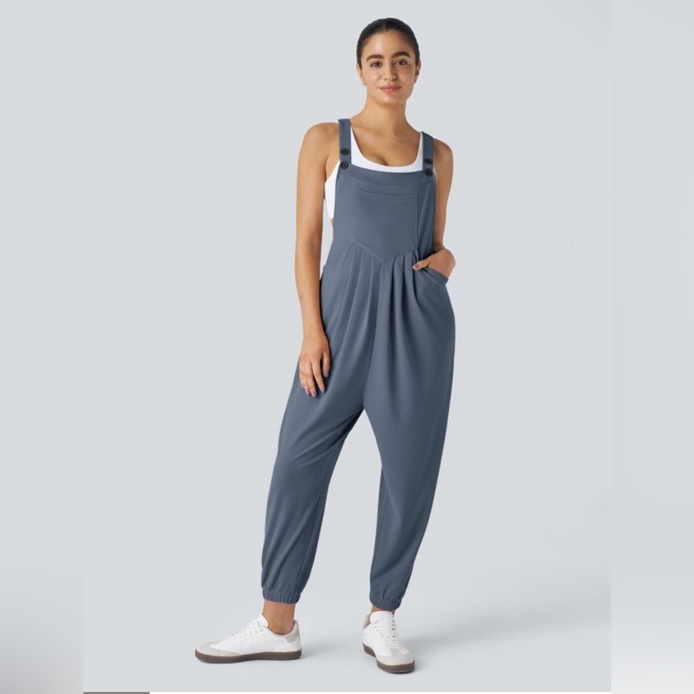 HALARA Slate Blue Waffle Knit Overalls Cuffed Jumpsuit Women’s S NWT - Picture 4 of 12